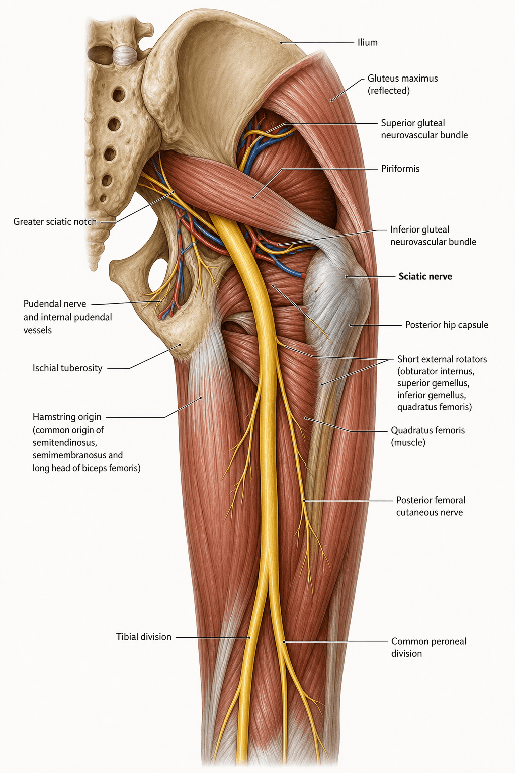 Labelled posterior gluteal dissection illustration of the sciatic nerve: exiting the greater sciatic notch below piriformis, crossing the short external rotators, and dividing into tibial and common peroneal divisions.