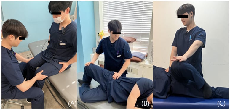 Three clinical photographs demonstrating resisted hip abduction and external rotation tests for deep gluteal syndrome in a fully clothed adult.