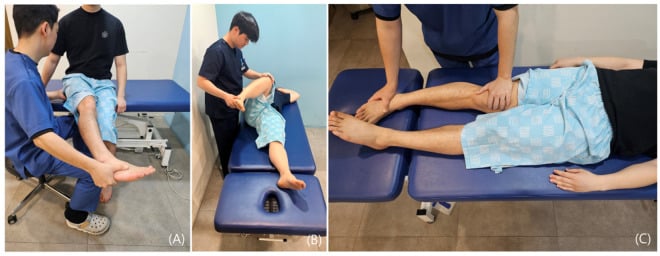 Three clinical photographs demonstrating the seated piriformis stretch, FAIR and Freiberg manoeuvres in a fully clothed adult.