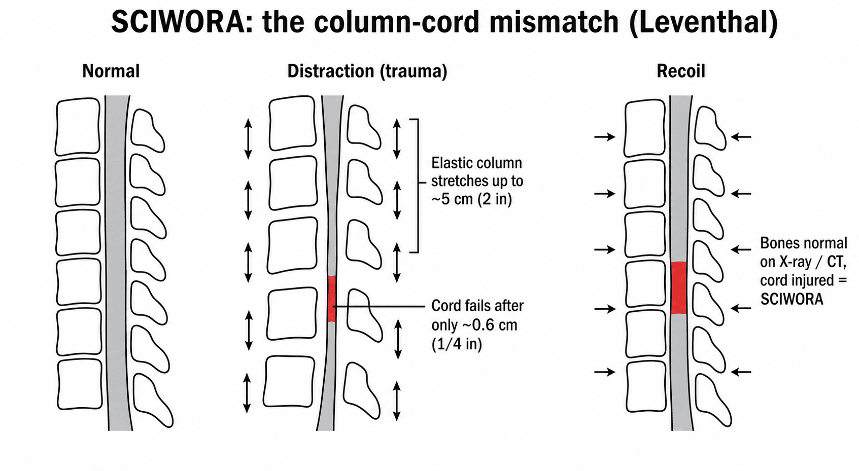 Three-panel schematic of the SCIWORA column-cord mismatch: normal, distraction stretching the elastic column while the cord fails, and recoil to normal alignment with a persisting cord injury