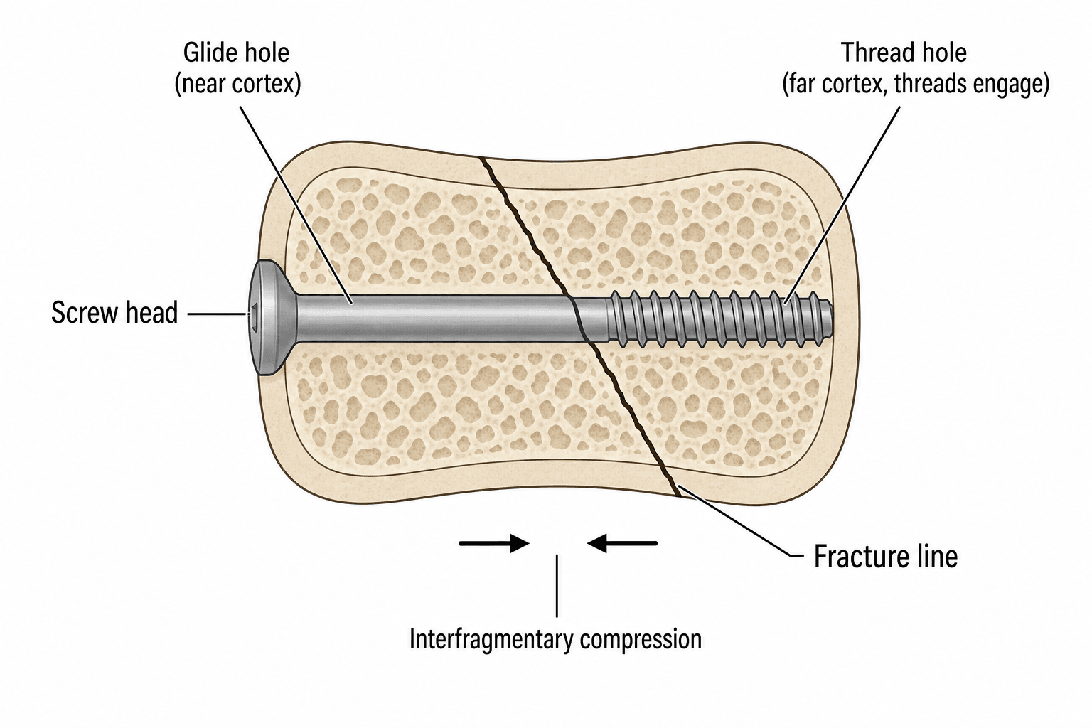 Lag screw principle: a glide hole in the near cortex and a thread hole in the far cortex produce interfragmentary compression across an oblique fracture