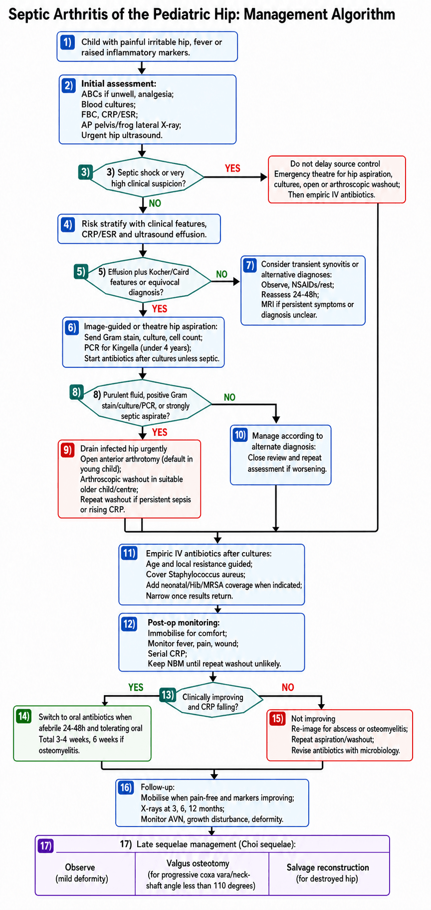 Management algorithm for septic arthritis of the paediatric hip from presentation to late sequelae