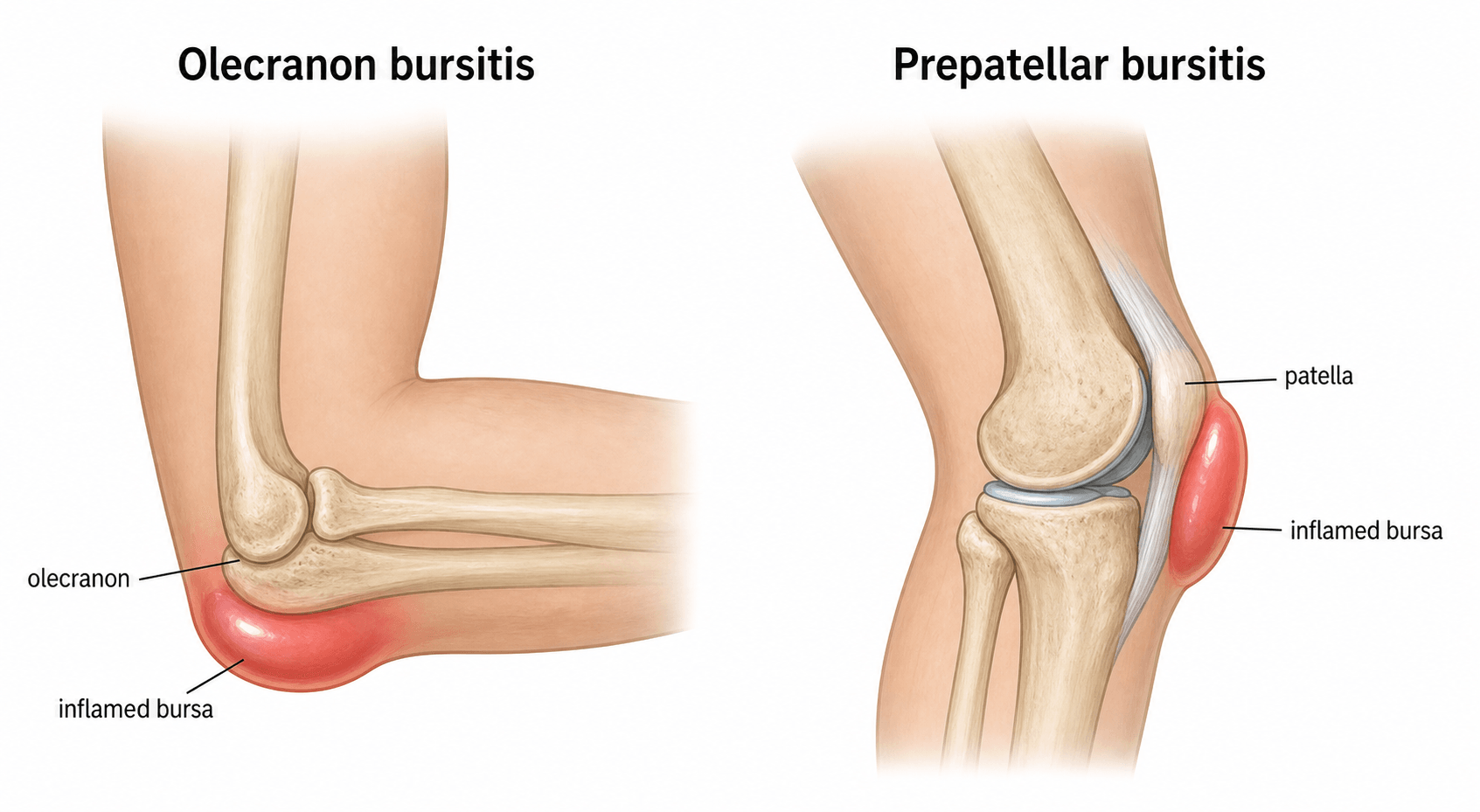 Diagram of olecranon bursitis at the elbow and prepatellar bursitis at the knee showing inflamed superficial bursae over the bone