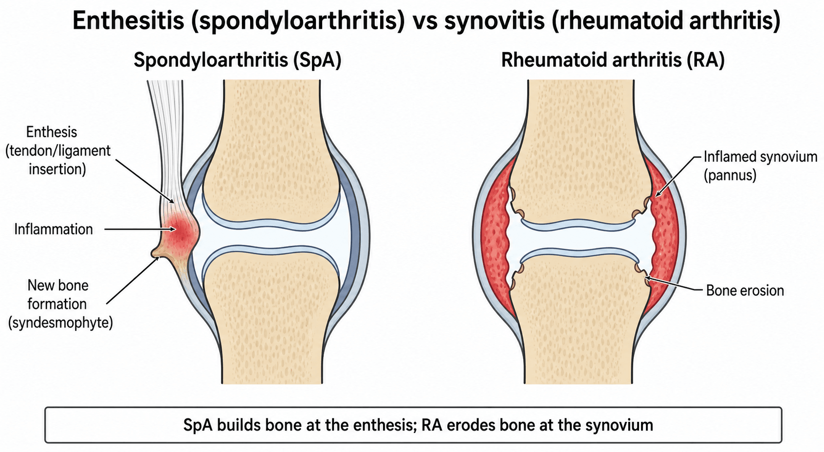 Two-panel schematic contrasting enthesitis in spondyloarthritis (inflammation and new bone at the tendon insertion) with synovitis in rheumatoid arthritis (inflamed synovial pannus and bone erosion)