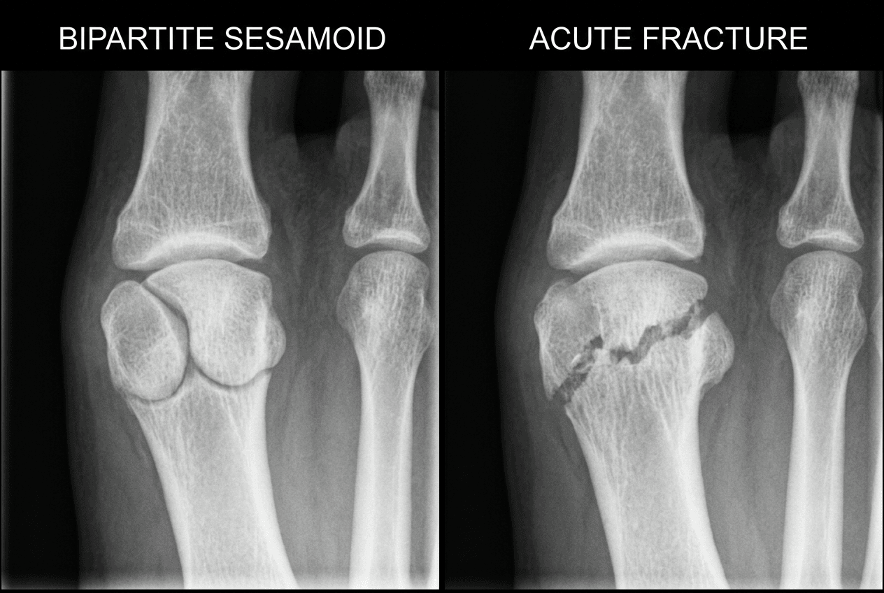 Side-by-side AP radiographs comparing a bipartite tibial sesamoid with smooth rounded fragments against an acute sesamoid fracture with a sharp irregular fracture line.