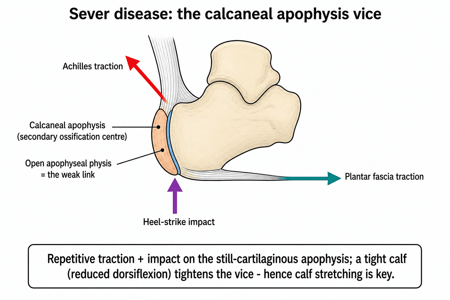Mechanism diagram showing Achilles traction, plantar fascia traction and heel-strike impact converging on the open calcaneal apophysis.