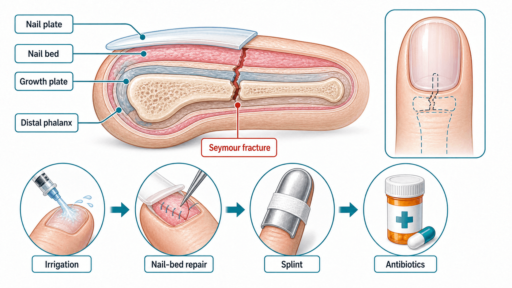 Seymour fracture and nail-bed injury overview diagram
