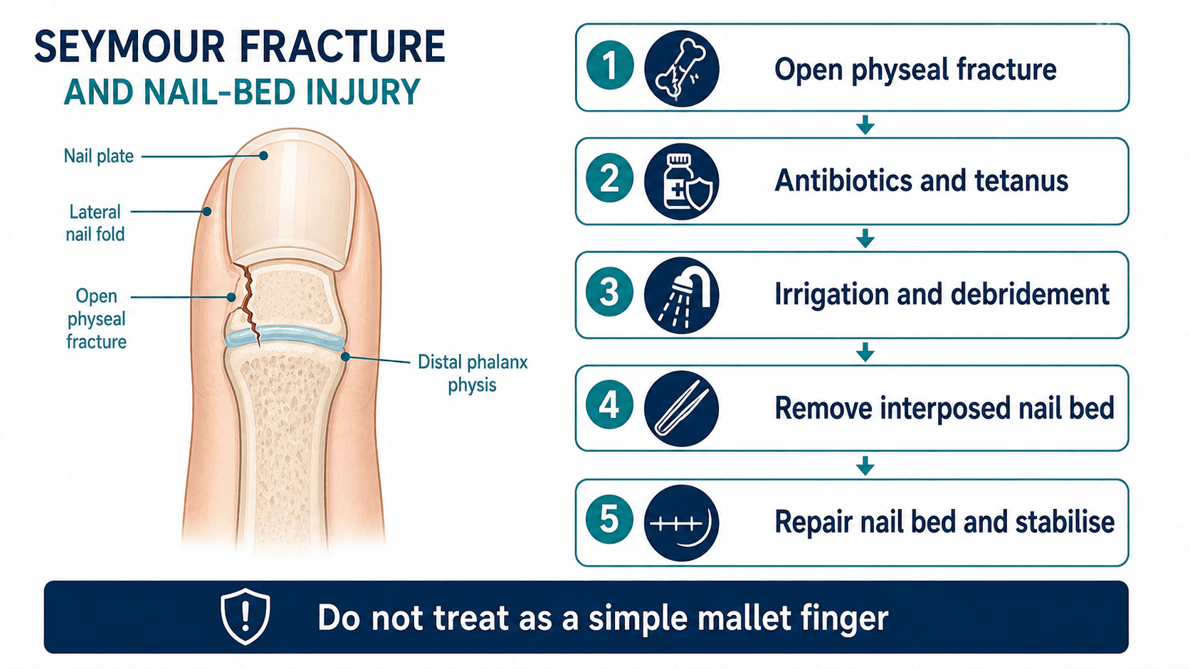 Seymour fracture management pathway showing open physeal fracture, antibiotics and tetanus, irrigation and debridement, interposed nail-bed removal, nail-bed repair and stabilisation