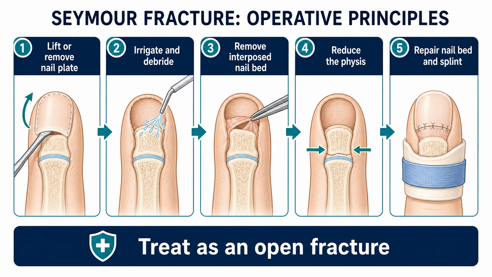 Seymour fracture operative principles showing nail plate management, irrigation and debridement, interposed nail bed removal, physeal reduction and nail-bed repair