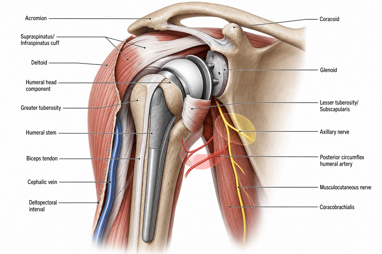 Labelled anterior anatomical illustration of an anatomic total shoulder arthroplasty