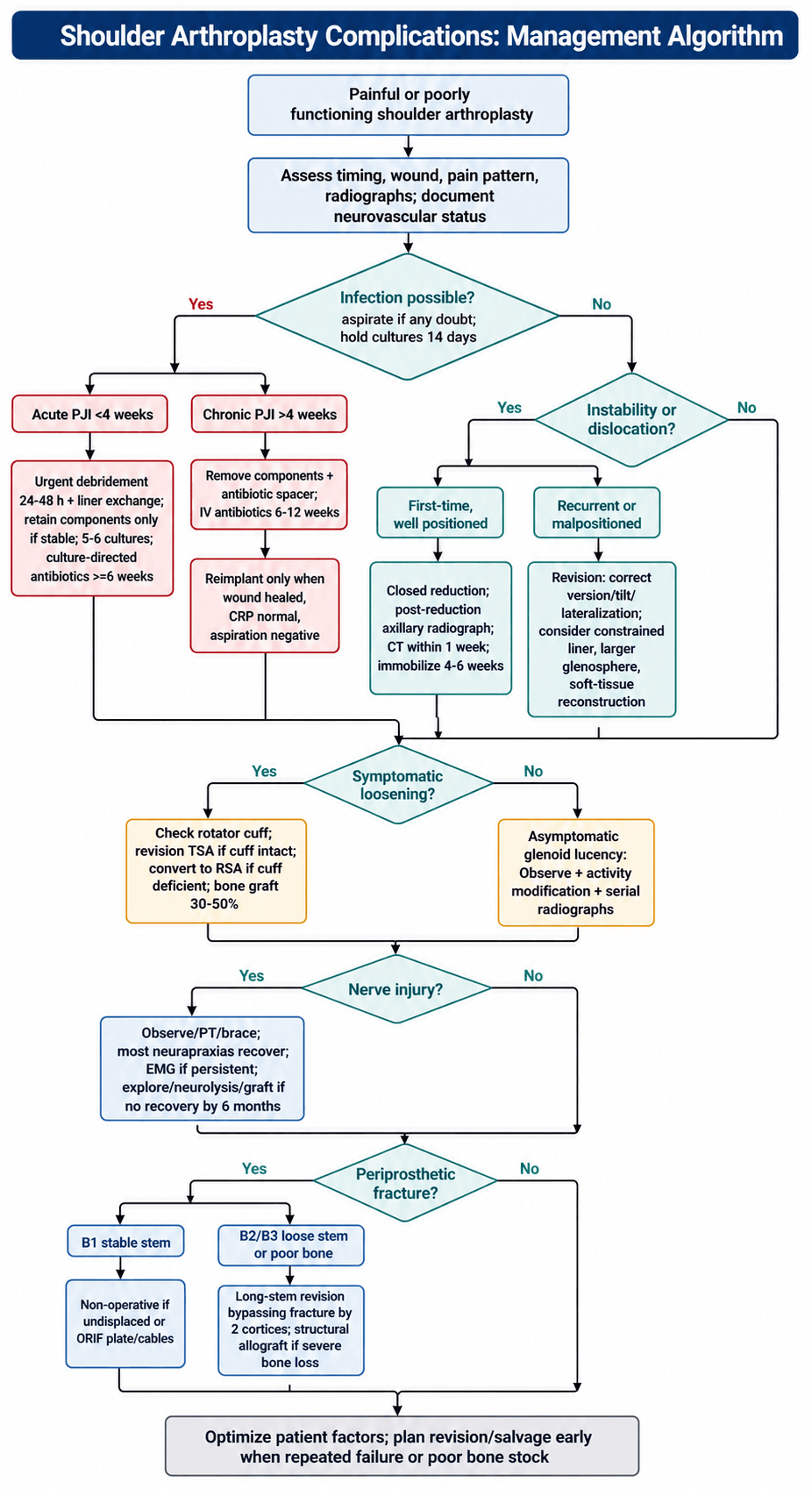 Shoulder arthroplasty complications management algorithm covering infection, instability, loosening, nerve injury and fracture