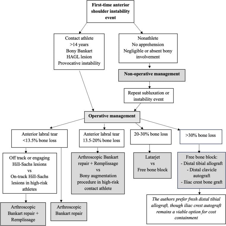 Management algorithm flowchart for shoulder instability