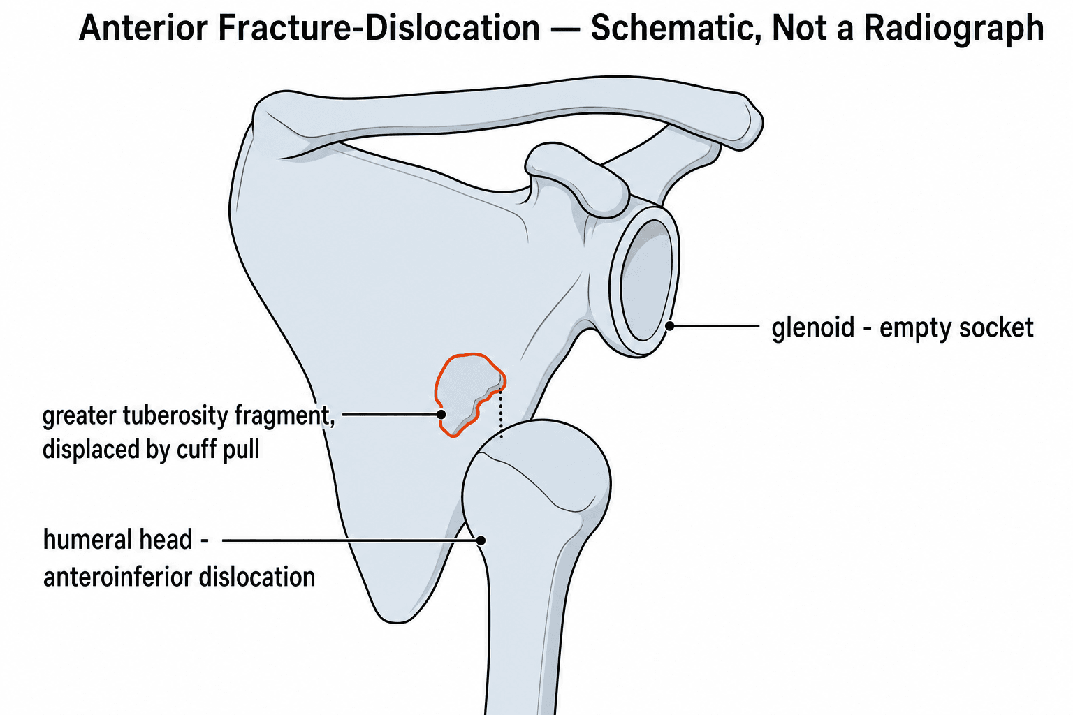 Schematic of an anterior shoulder fracture-dislocation showing the humeral head displaced anteroinferior to an empty glenoid, with a separate displaced greater tuberosity fragment