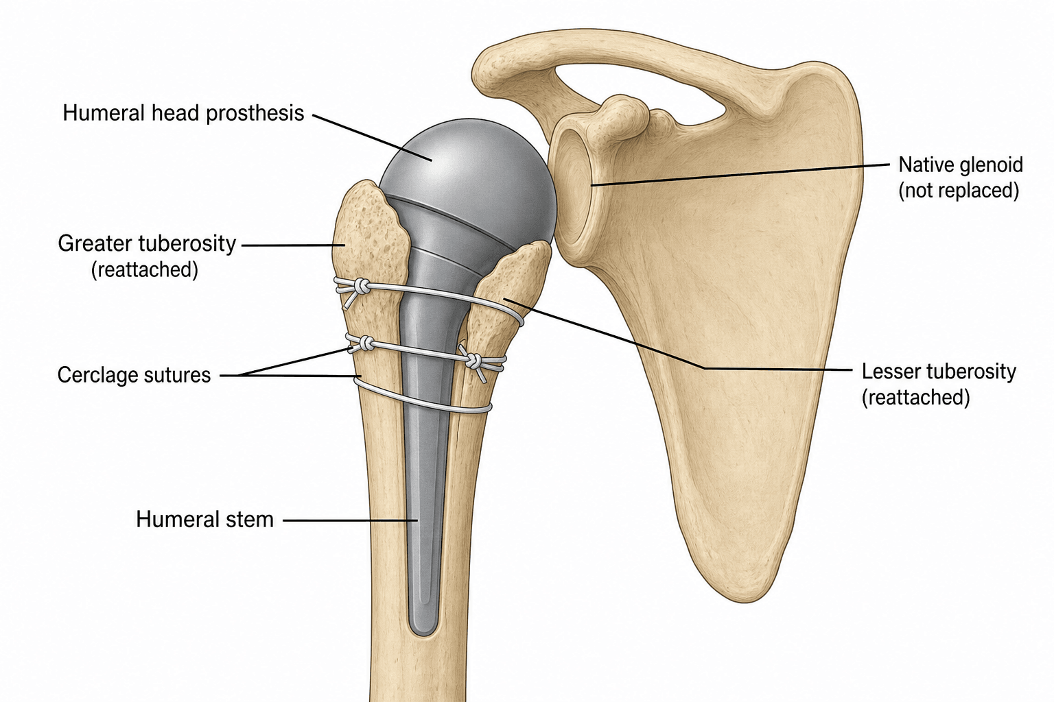 Diagram of shoulder hemiarthroplasty for fracture: humeral head prosthesis on a stem articulating with the native glenoid, with greater and lesser tuberosities reattached by cerclage sutures