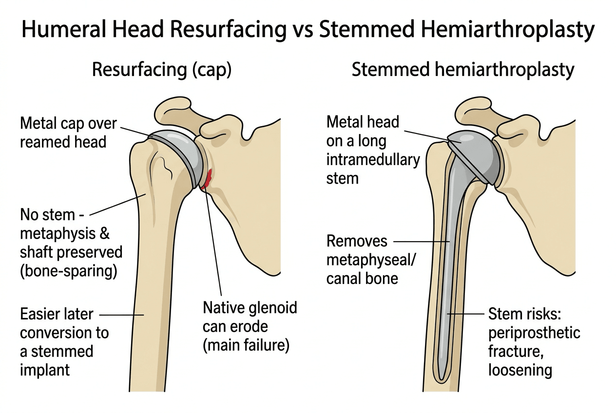 Diagram comparing humeral head resurfacing (a metal cap over the reamed head with no stem) with a stemmed hemiarthroplasty (a metal head on a long intramedullary stem)