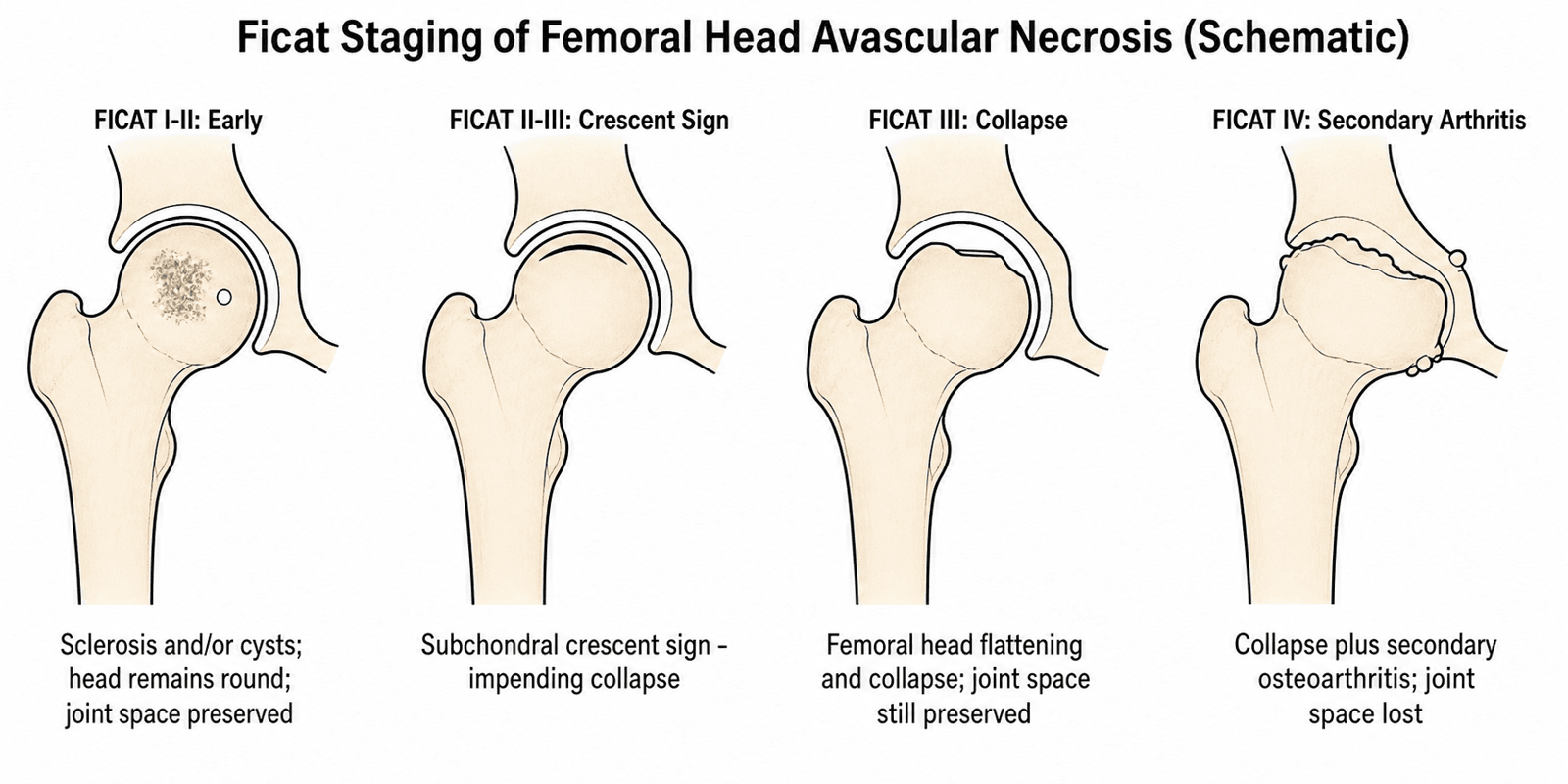 Schematic showing Ficat staging of femoral head avascular necrosis from sclerosis through collapse and secondary arthritis
