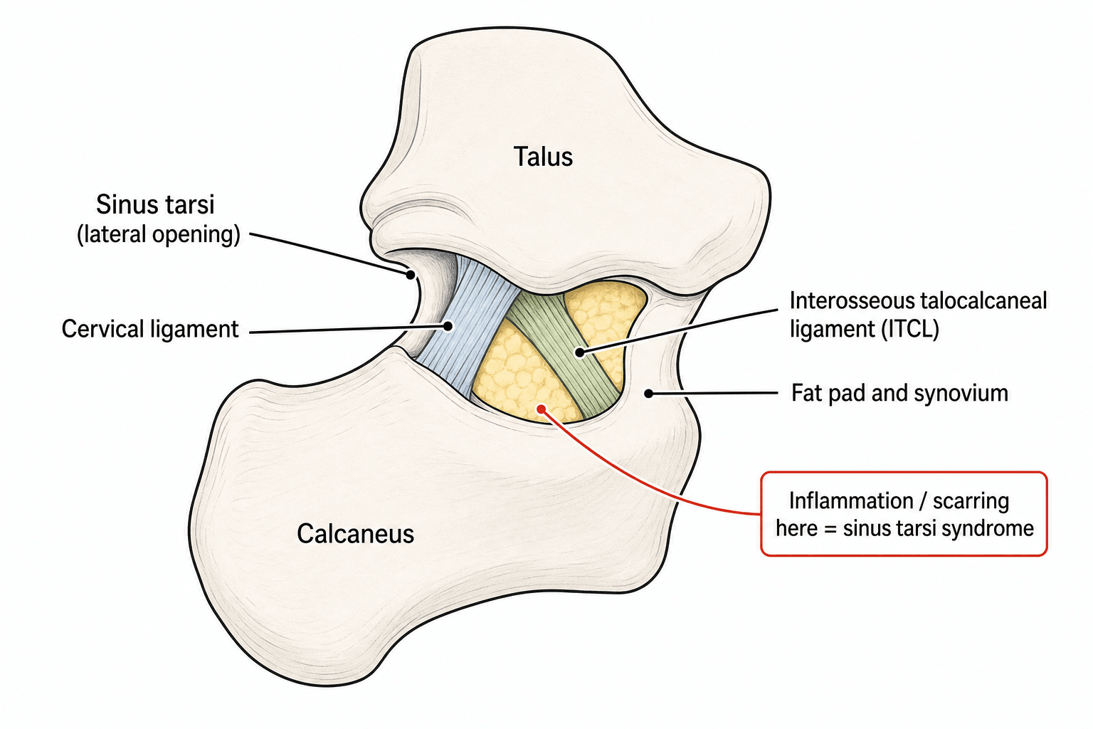 Diagram of the contents of the sinus tarsi.