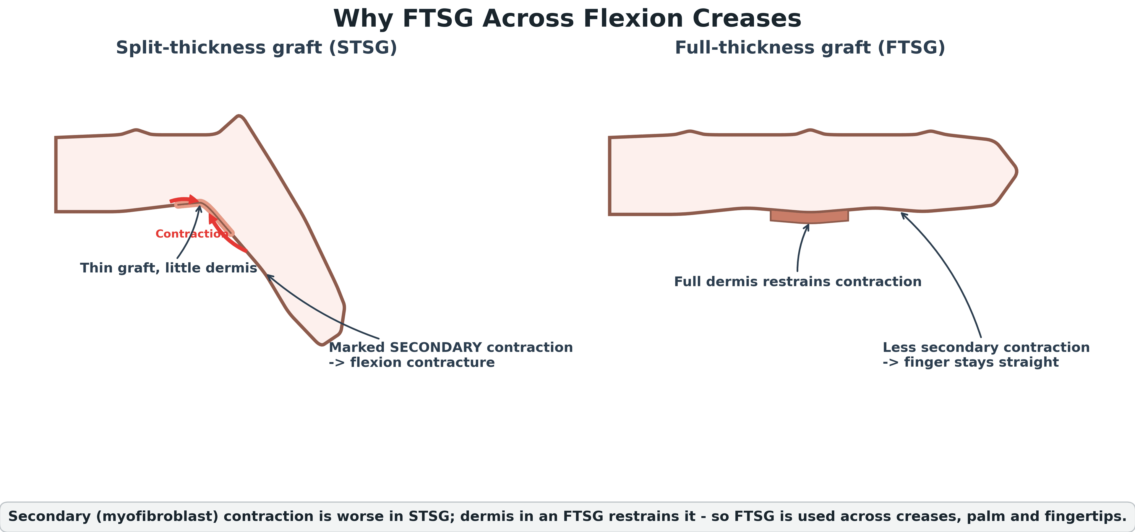 Diagram of a finger with a graft across the flexion crease, showing a split-thickness graft contracting into a flexion contracture versus a full-thickness graft that stays straight