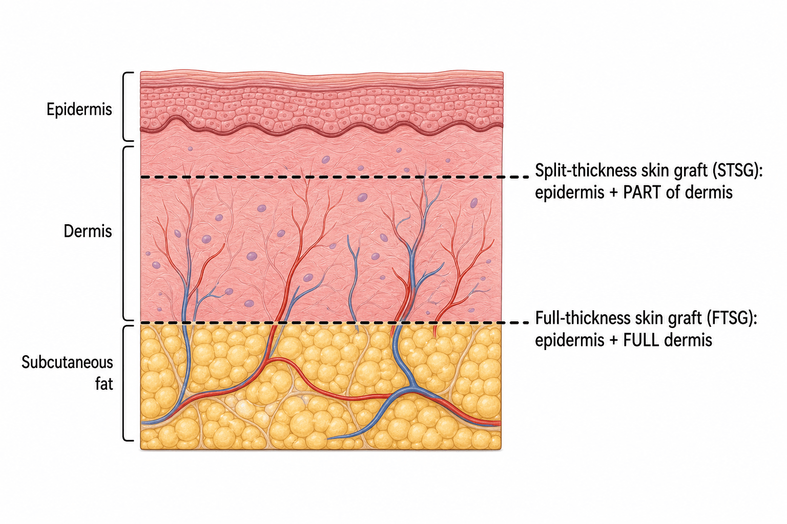 Cross-section of skin showing split-thickness (epidermis plus part of dermis) and full-thickness (epidermis plus full dermis) skin graft harvest depths