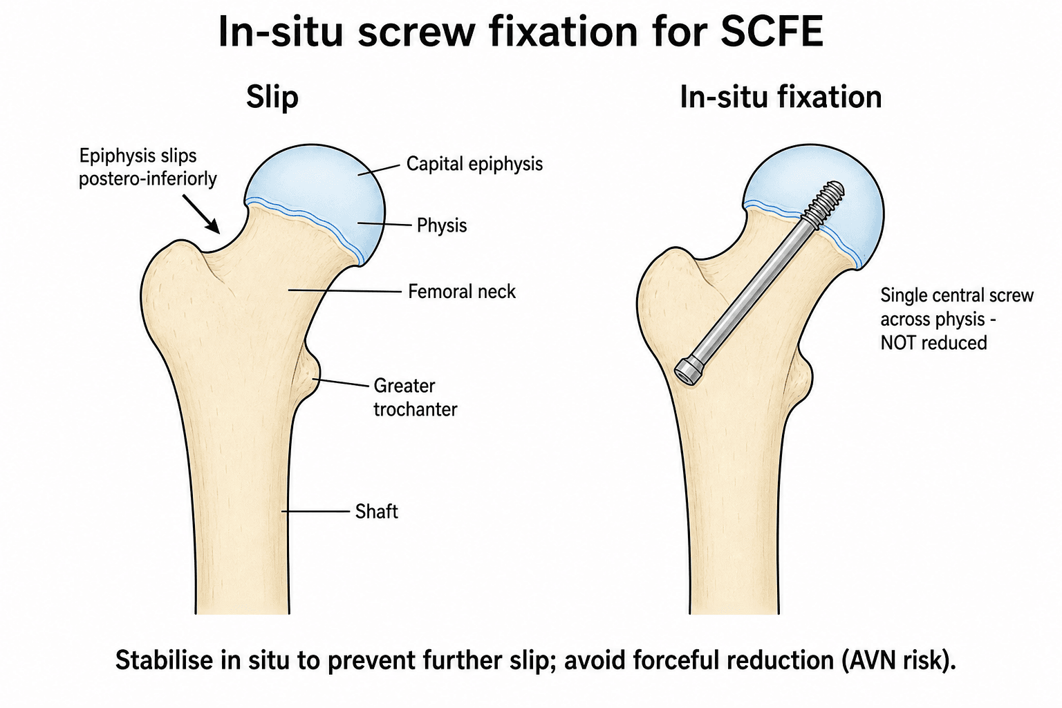 Schematic of SCFE in-situ screw fixation: slipped epiphysis, then a single central cannulated screw across the physis without reduction