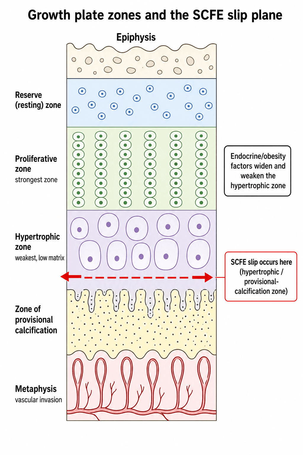 Labelled schematic of the growth plate zones with the SCFE slip plane through the hypertrophic and provisional-calcification zones