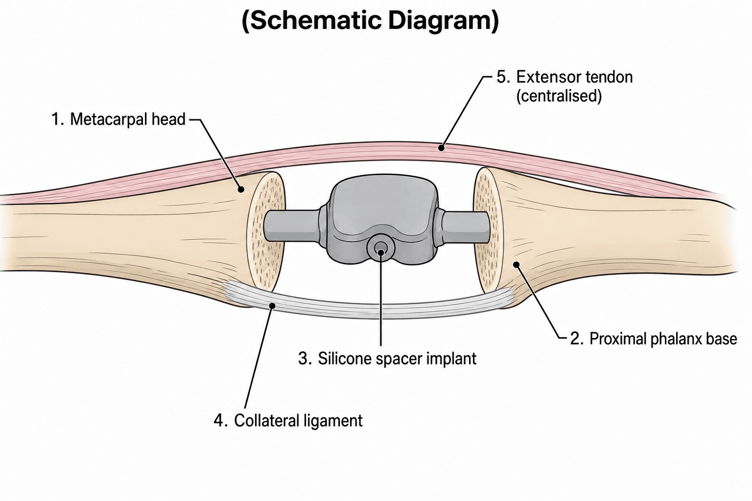 Schematic diagram of a metacarpophalangeal silicone spacer arthroplasty showing the metacarpal head, proximal phalanx base, silicone spacer implant, collateral ligament and centralised extensor tendon
