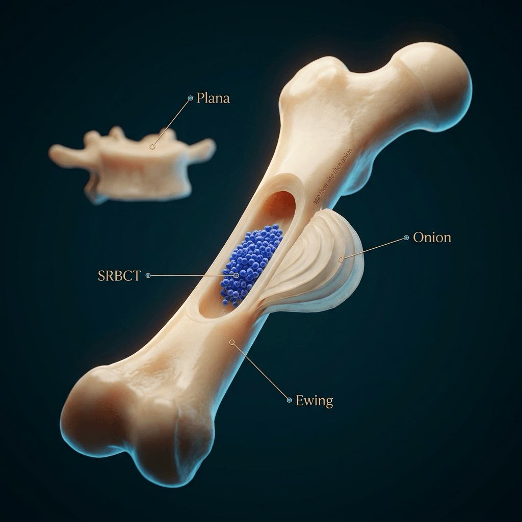 Cinematic illustration of a femur with packed small round blue cells in the diaphysis, concentric onion-skin periosteal shells, and a flattened vertebra labelled plana.