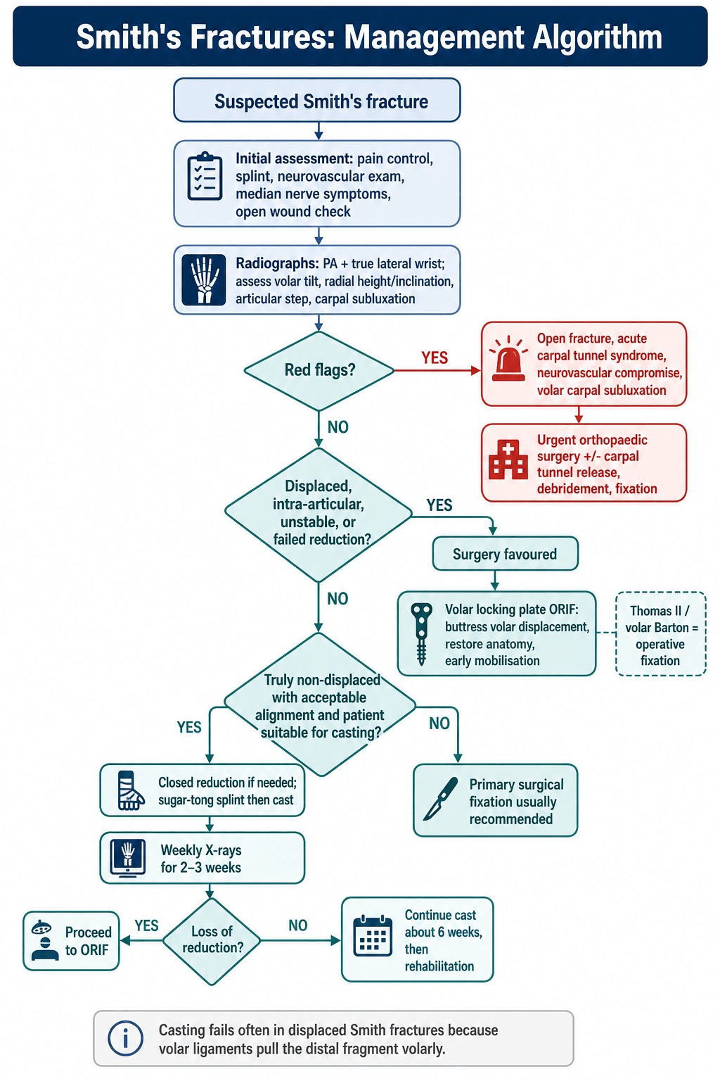 Management algorithm for Smith's fractures from assessment through red flags to fixation