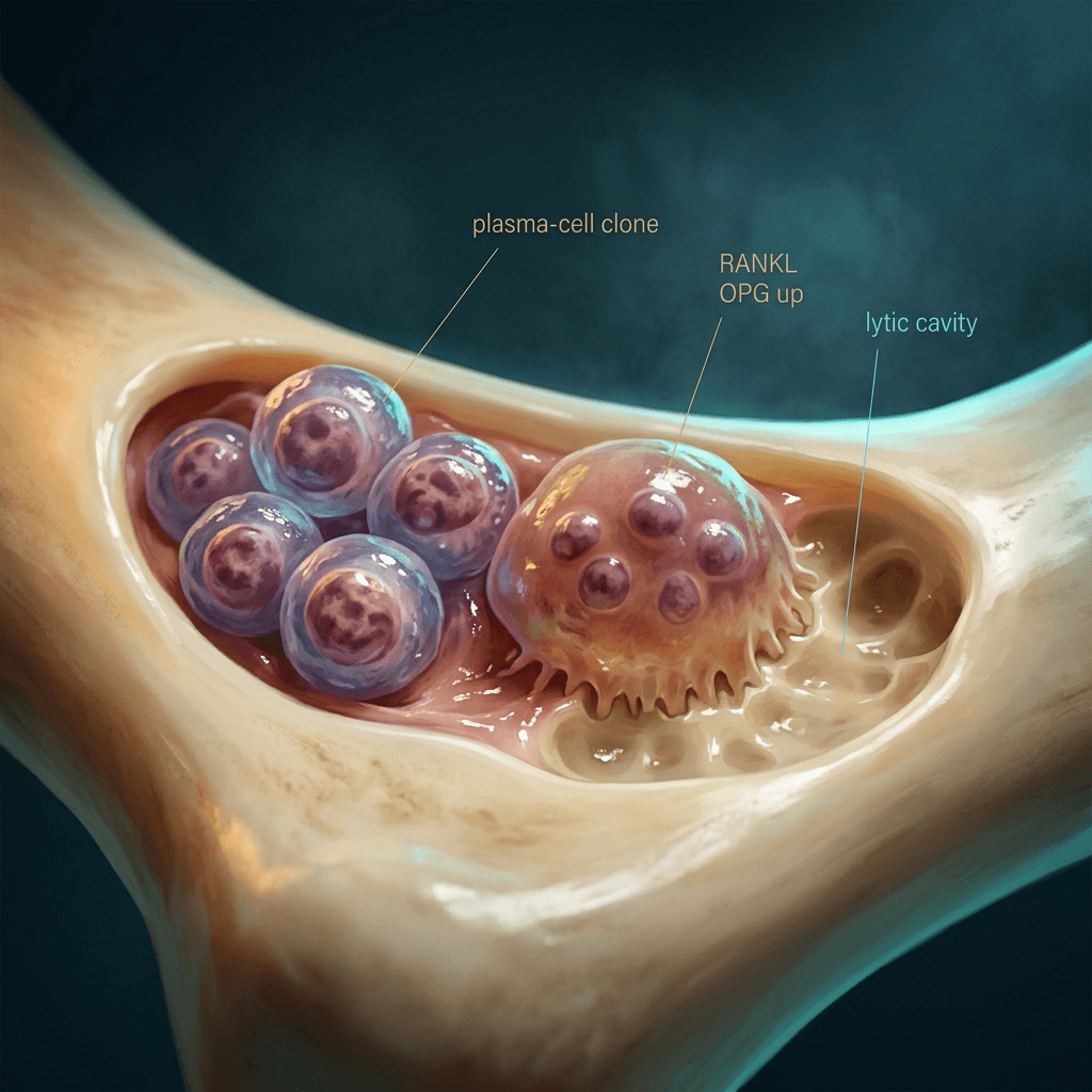 Plasma-cell clone beside an osteoclast resorbing a punched-out cavity in cancellous bone.