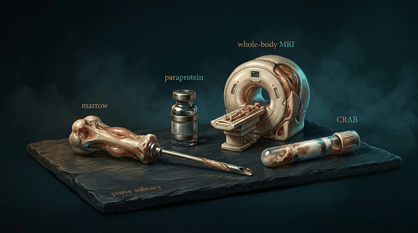 Studio still of a trephine needle, a paraprotein vial, an MRI gantry and a CRAB blood tube.