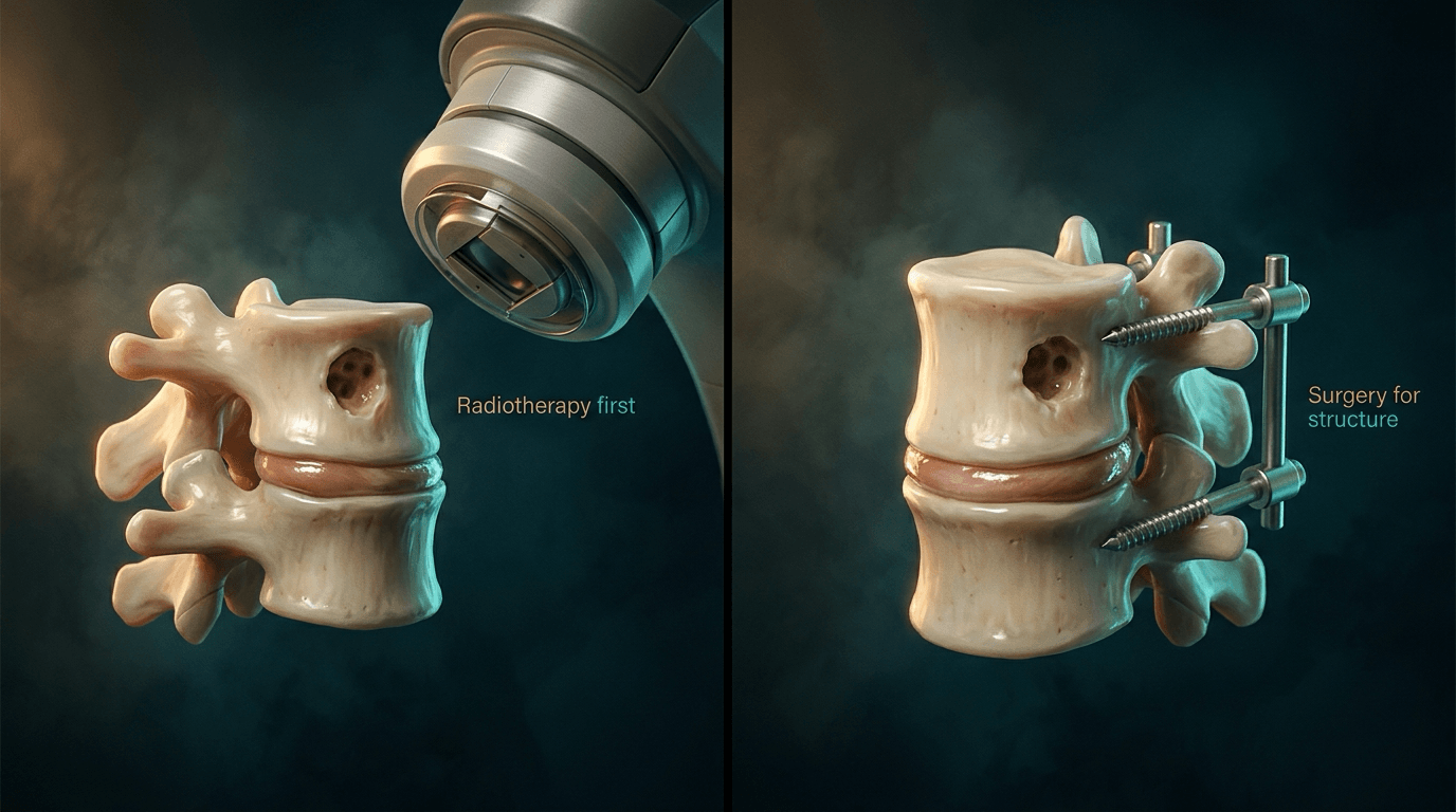 Two-panel vertebra: a radiotherapy linac treating a punched-out cavity versus pedicle-screw stabilisation for collapse.
