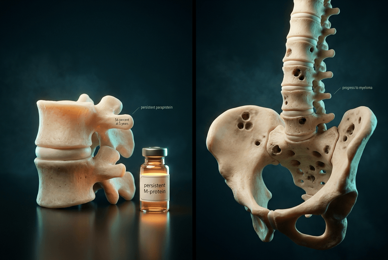 Two-panel: an isolated vertebra beside a persistent M-protein vial versus a skeleton riddled with punched-out cavities.