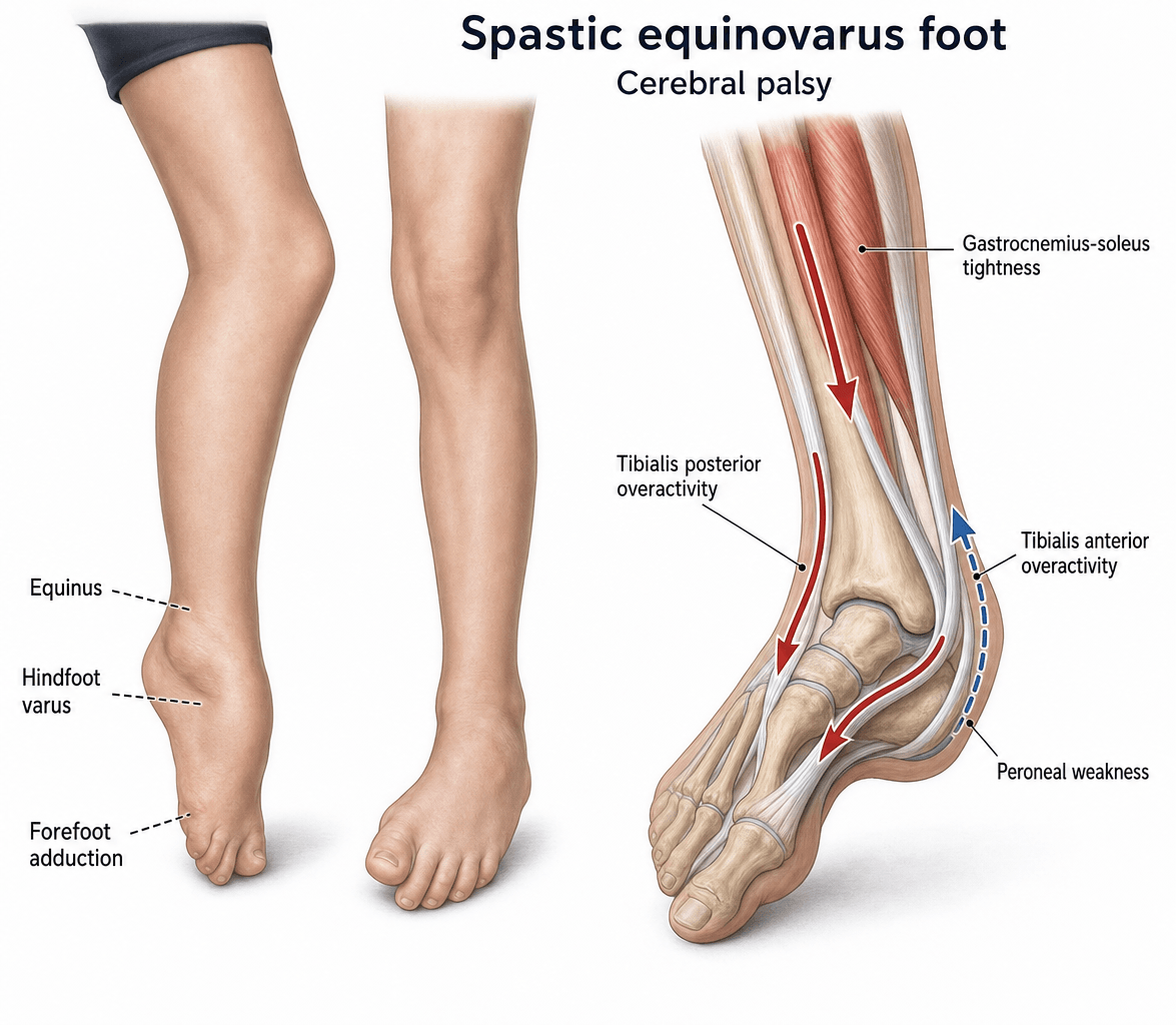 Diagram of the spastic equinovarus foot deformity and its muscle imbalance in cerebral palsy.