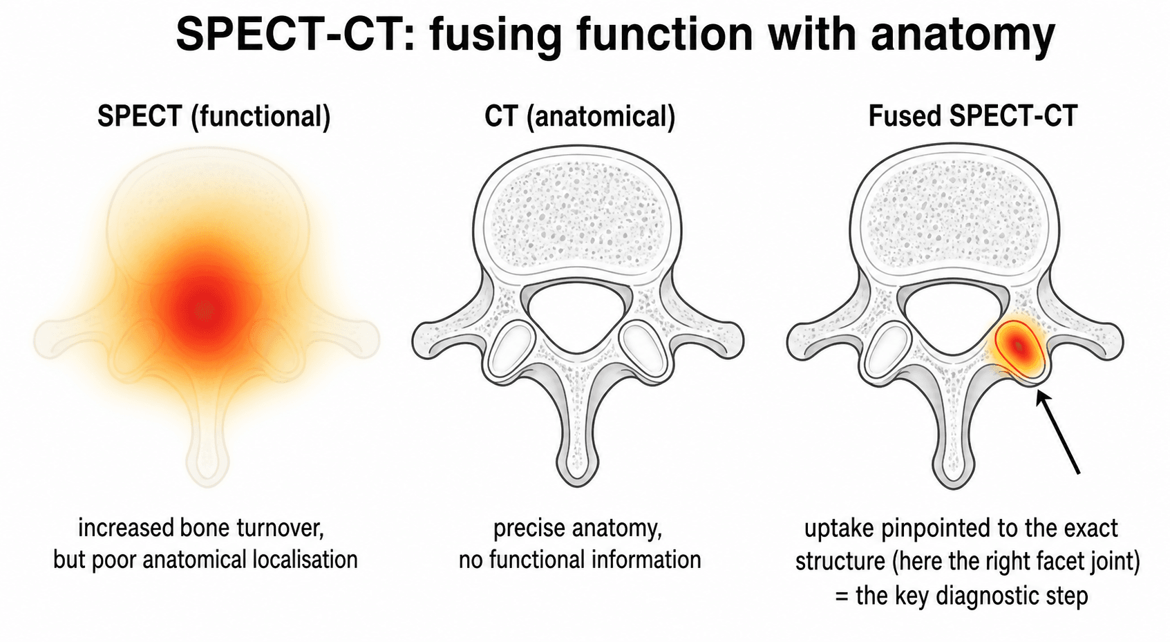 Three-panel schematic of the SPECT-CT principle: SPECT hot spot with poor localisation, CT anatomy, and the fused image pinpointing uptake to a single facet joint