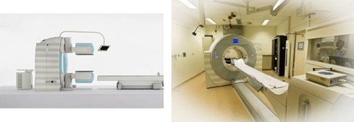 SPECT-CT scanner: schematic of the hybrid gamma-camera/CT system and a clinical installation