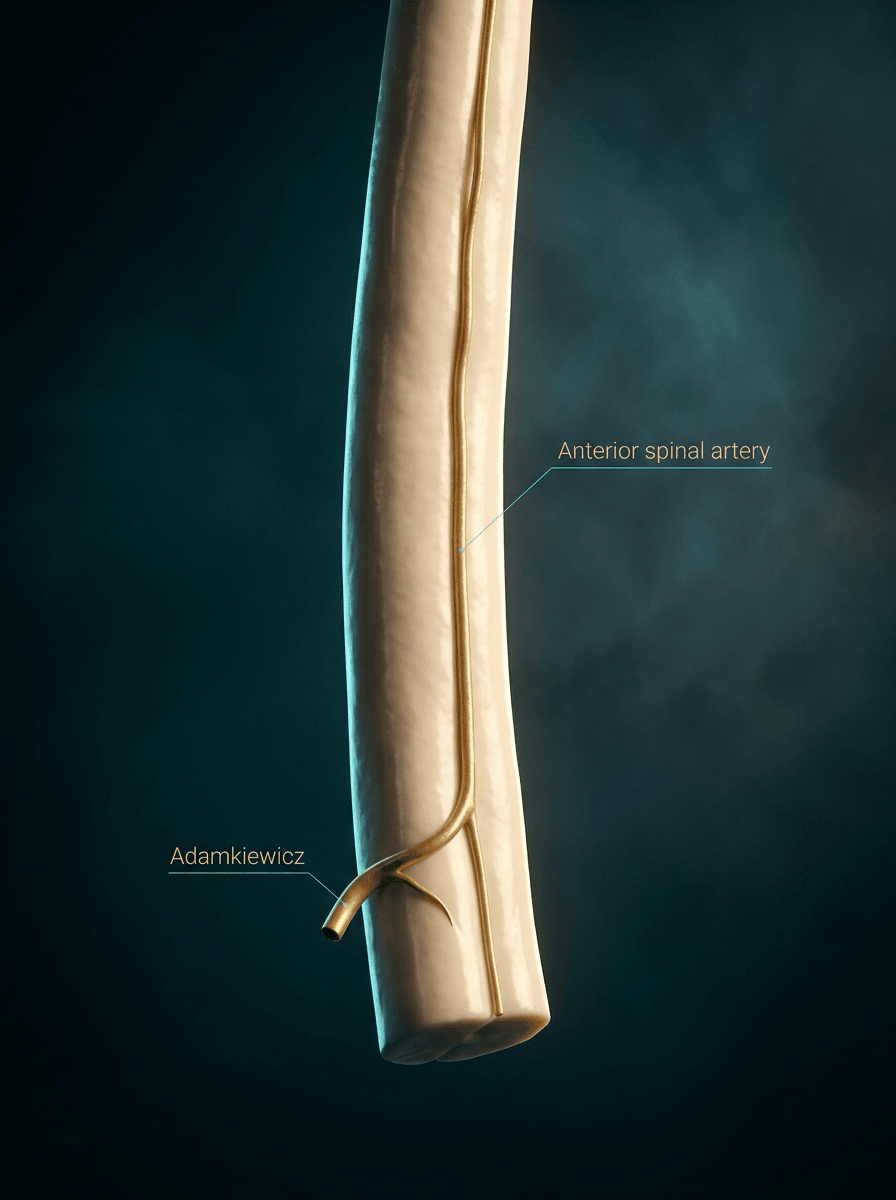 Ivory spinal cord with a midline gold anterior spinal artery and a left-sided Adamkiewicz feeder at the lower thoracic cord.