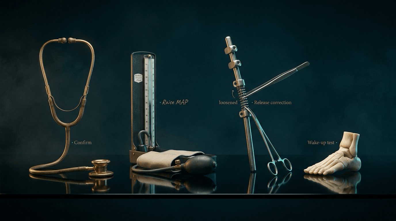 Four studio objects: a stethoscope labelled Confirm, a sphygmomanometer labelled Raise MAP, a loosening rod labelled Release correction, and an ivory foot labelled Wake-up test.