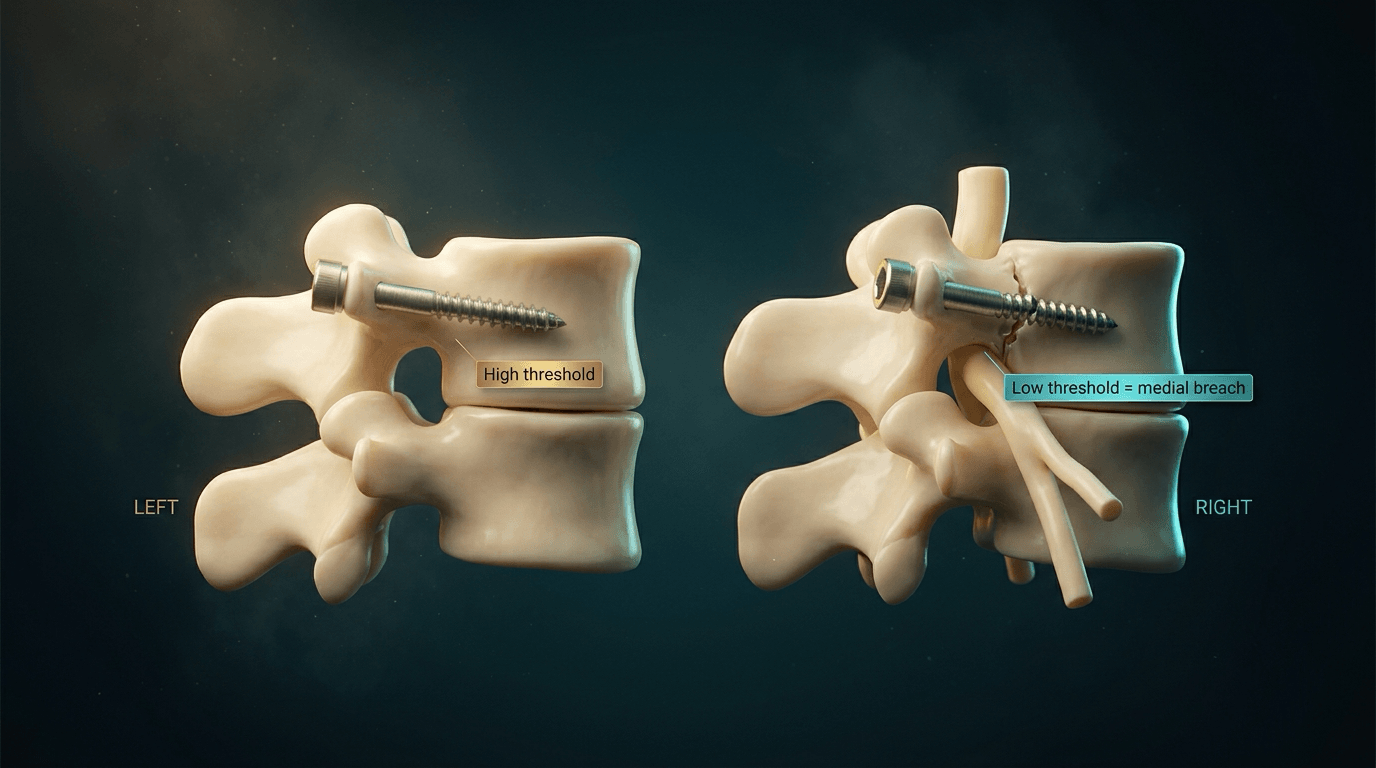 Two-panel ivory lumbar vertebra: a contained pedicle screw with a high stimulation threshold versus a medial breach with a low threshold.