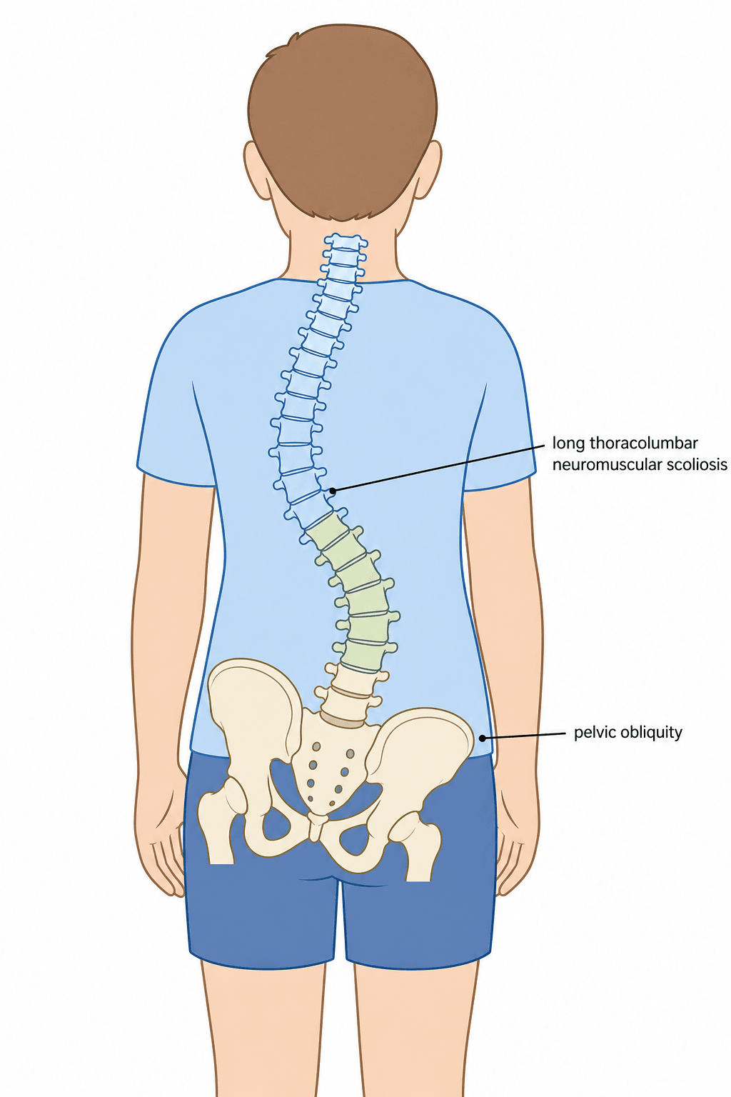 Posterior-view diagram of a child showing a long thoracolumbar neuromuscular scoliosis curve and pelvic obliquity