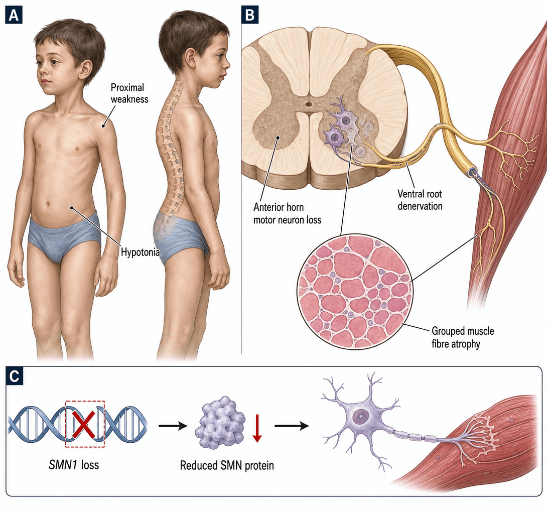 Three-panel diagram of spinal muscular atrophy pathology