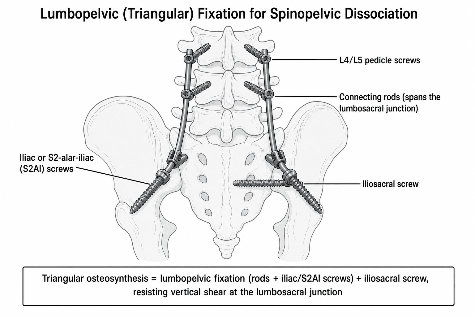 Posterior illustration of lumbopelvic triangular osteosynthesis: L4/L5 pedicle screws connected by rods to iliac/S2-alar-iliac screws, plus an iliosacral screw