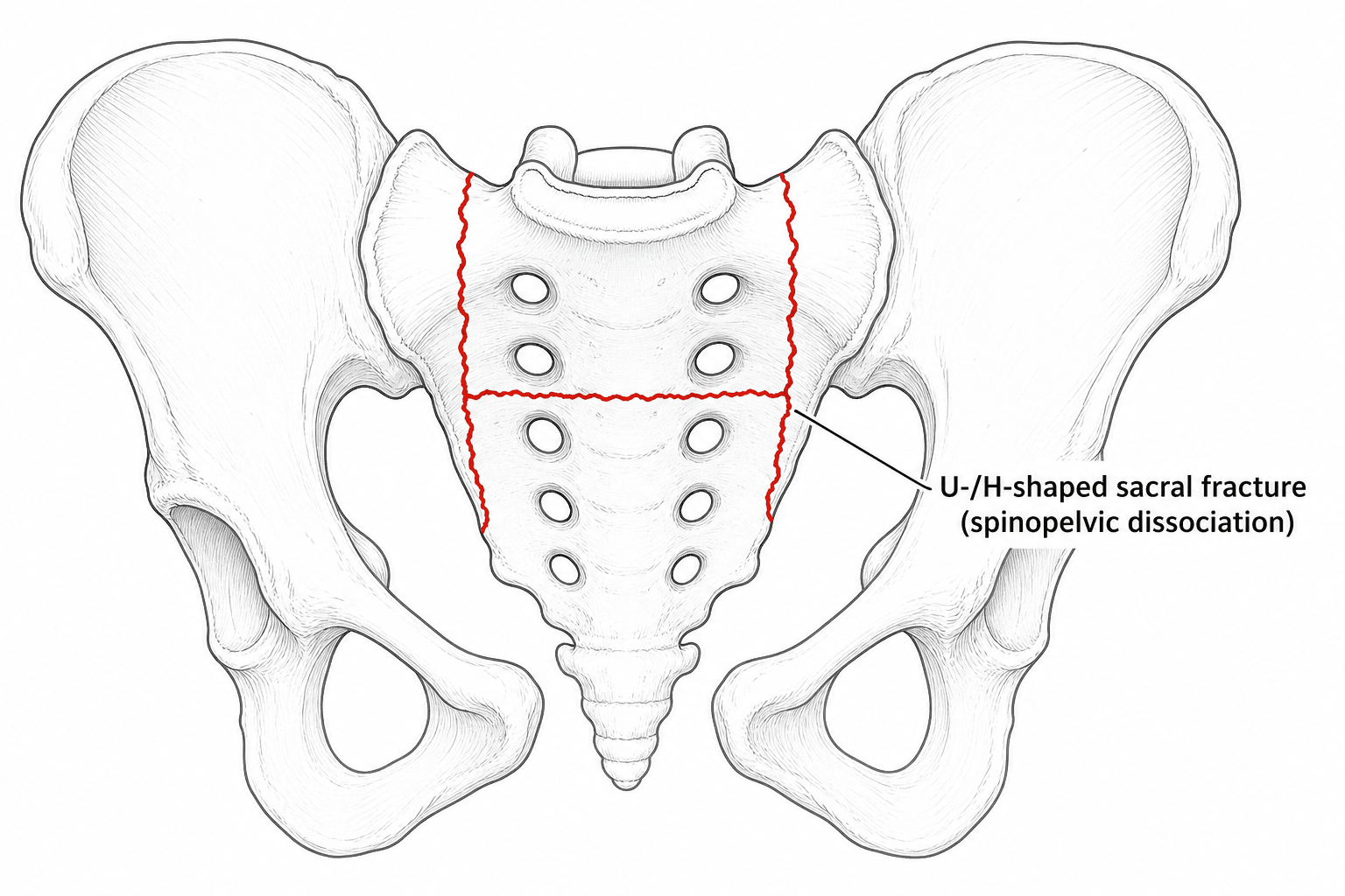 Diagram of the sacrum showing bilateral vertical fractures and a transverse fracture forming a U/H shape