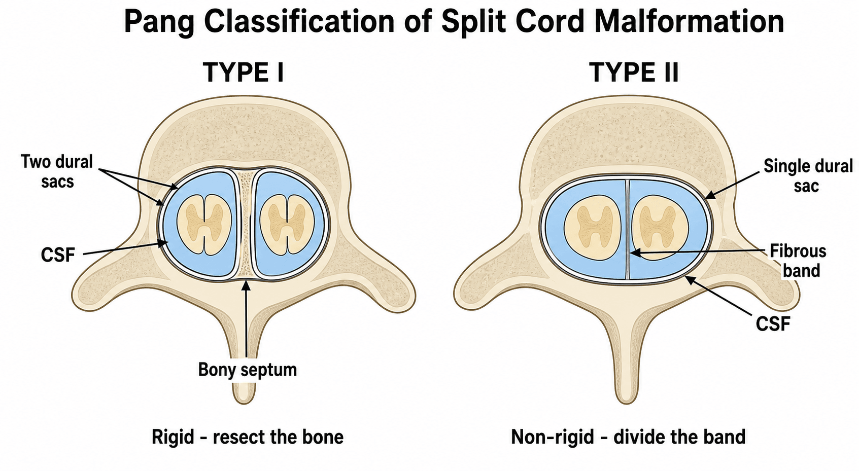 Two-panel axial schematic of the Pang classification of split cord malformation: Type I with two hemicords in two separate dural sacs divided by a bony septum, and Type II with two hemicords in a single dural sac divided by a fibrous band.