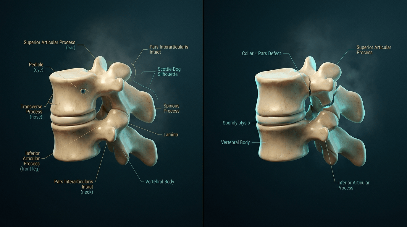 Two-panel illustration of a lumbar vertebra labelled as a Scottie dog: the left panel shows an intact pars as the neck, the right panel a pars defect labelled as the collar.