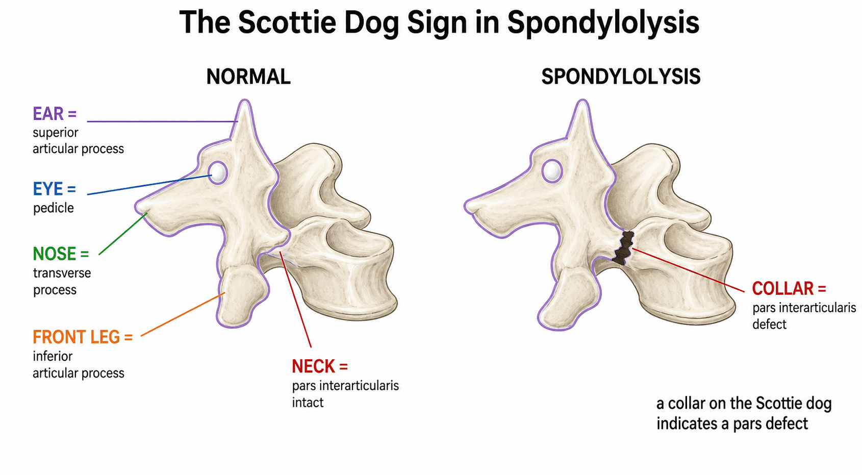 Two-panel schematic of the Scottie dog sign on an oblique lumbar view: a normal vertebra with the dog parts labelled (eye=pedicle, nose=transverse process, ear=superior articular process, front leg=inferior articular process, neck=pars), and a spondylolysis vertebra with a break across the dog neck (collar=pars defect).