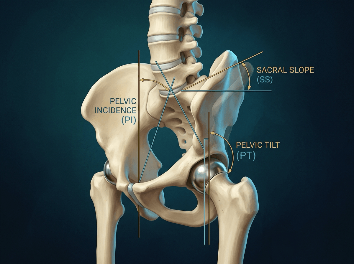 Illustrated pelvis, proximal femora and lower lumbar spine with pelvic incidence, sacral slope and pelvic tilt drawn and labelled.