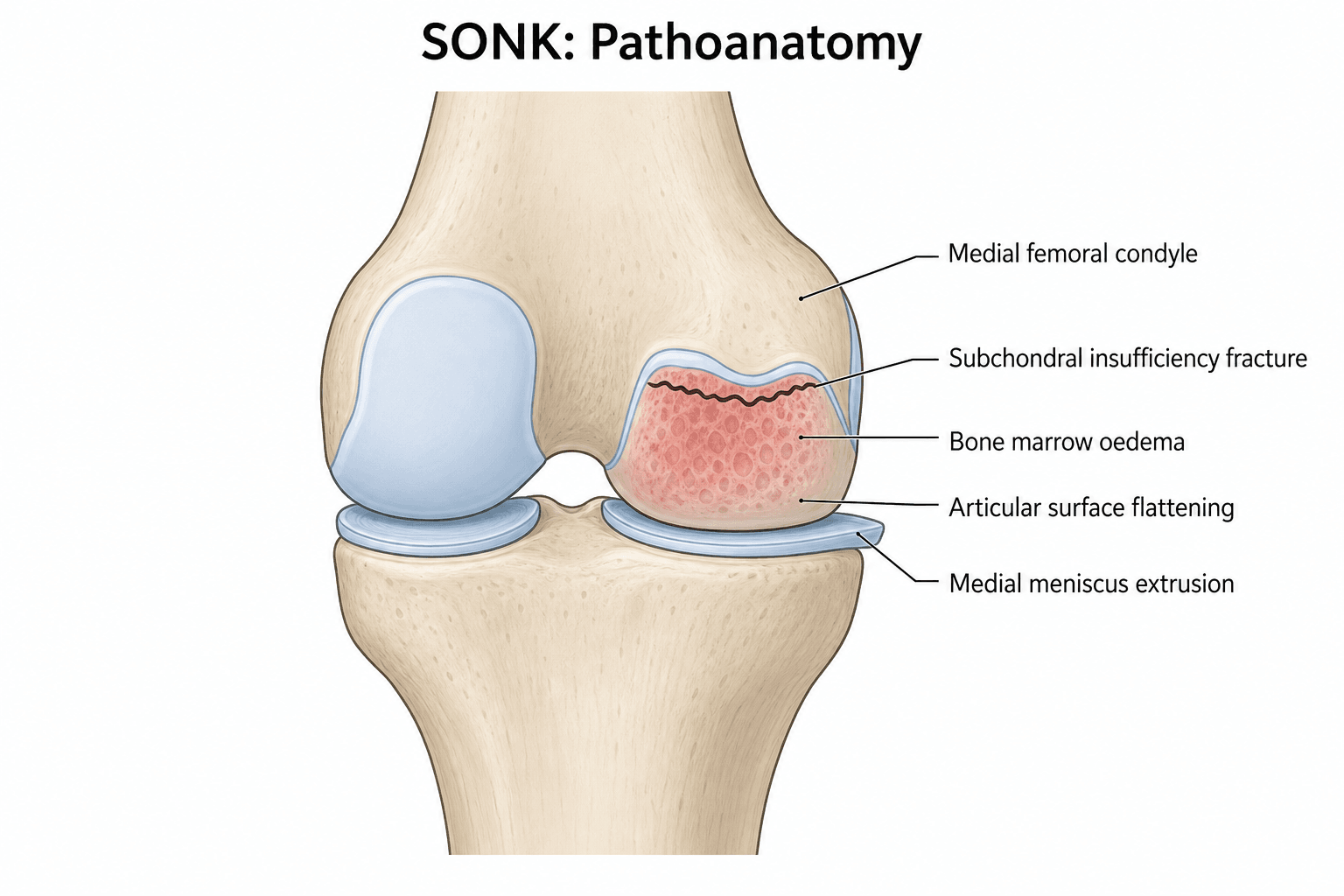 Coronal illustration of the medial femoral condyle showing a subchondral insufficiency fracture, marrow oedema, articular flattening and medial meniscal extrusion.