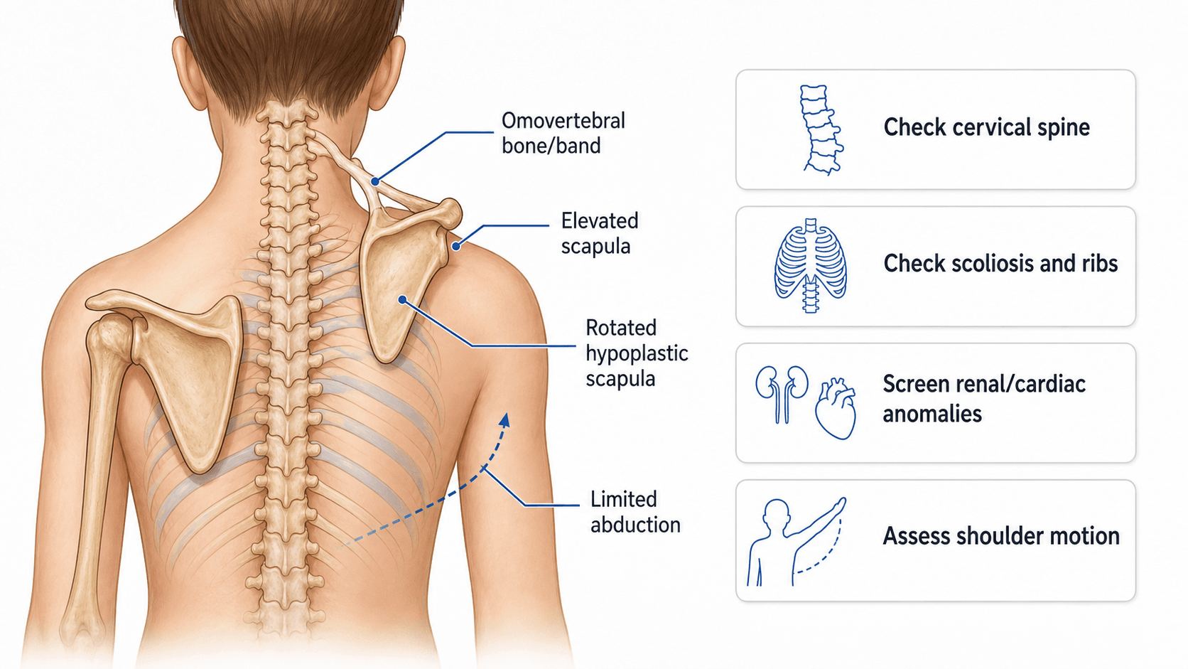 Sprengel deformity anatomy and workup map showing elevated scapula, rotated hypoplastic scapula, omovertebral bone or band, limited abduction and associated anomaly screening.