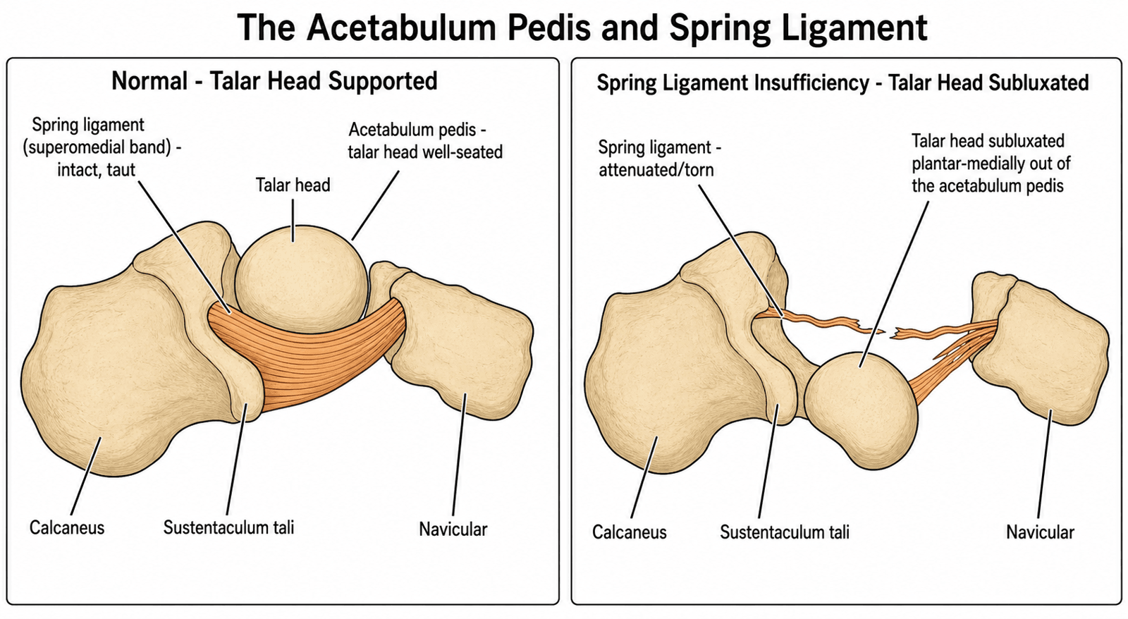 Schematic diagram comparing a normal taut spring ligament supporting the talar head in the acetabulum pedis against an attenuated, torn ligament with the talar head subluxated plantar-medially