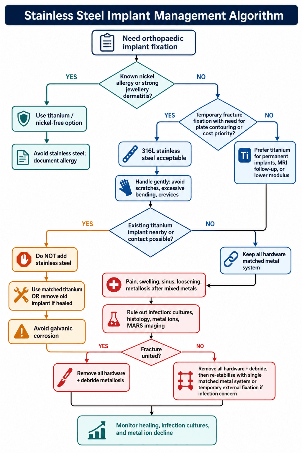 Decision algorithm for choosing and managing stainless steel orthopaedic implants, including nickel allergy and mixed-metal complications.